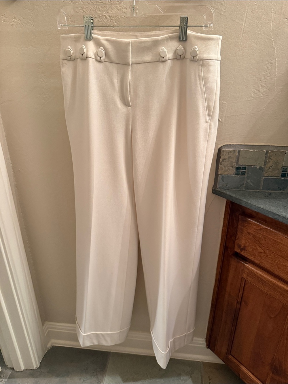 LOFT Cream Wide-Leg Pull-On Pants with Decorative Buttons